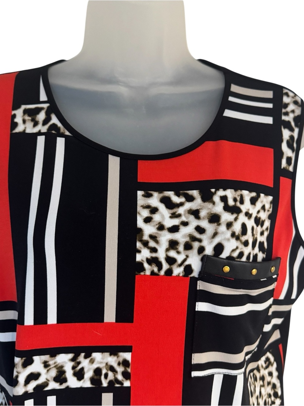 CALVIN KLEIN Red, Black & White Geometric Leopard-Accent Sleeveless Top  LARGE - Picture 2 of 8